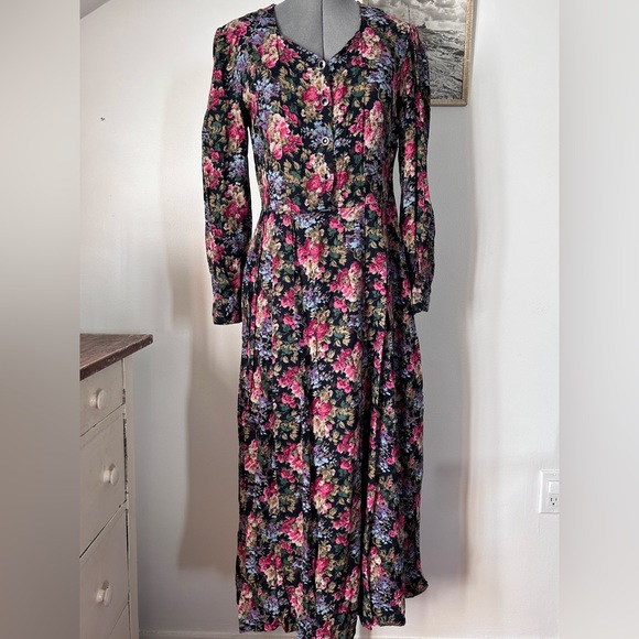 Vintage Victorian Floral Ankle Length Buttondown Dress - Picture 1 of 6